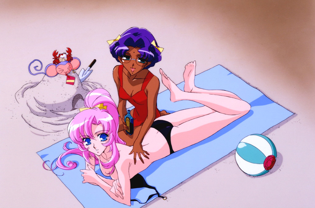 chu chu, chu chu (shoujo kakumei utena), himemiya anthy, tenjou utena, shoujo kakumei utena, official art, scan, > <, 1990s (style), 2girls, :3, alternate hairstyle, ball, barefoot, beach, beachball, bikini, blue eyes, closed eyes, feet, long hair, multiple girls, pink hair, ponytail, purple hair, retro artstyle, short hair, shovel, soles, swimsuit, topfreedom, topless female, trowel, worktool, x3