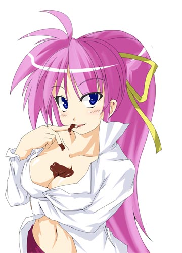 boshinote, signum, lyrical nanoha, mahou shoujo lyrical nanoha, mahou shoujo lyrical nanoha a's, lowres, 00s, 1girl, between breasts, blue eyes, blush, breasts, chocolate, chocolate on body, chocolate on breasts, cleavage, female focus, food on body, licking, long hair, looking at viewer, navel, pink hair, ponytail, simple background, solo, very long hair, white background