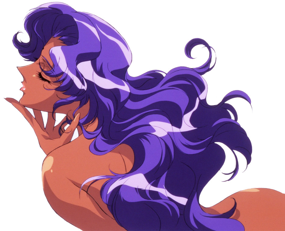 himemiya anthy, shoujo kakumei utena, official art, scan, 1990s (style), 1girl, closed eyes, dark-skinned female, dark skin, eyelashes, female focus, hand on own chin, long hair, nude, parted bangs, purple hair, retro artstyle, simple background, solo, wavy hair, white background