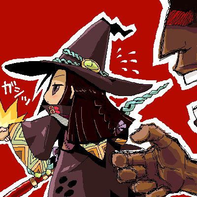 doctor magus, doctor magus 4, atlus, etrian odyssey, sekaiju no meikyuu, sekaiju no meikyuu 2, lowres, 1boy, 1girl, black hair, blush, chibi, cloak, close-up, dark skin, faceless, faceless male, facial mark, from behind, hat, imminent rape, long hair, naughty face, oekaki, open mouth, outstretched arm, purple eyes, rope, simple background, sketch, staff, sweatdrop, wide sleeves, witch hat