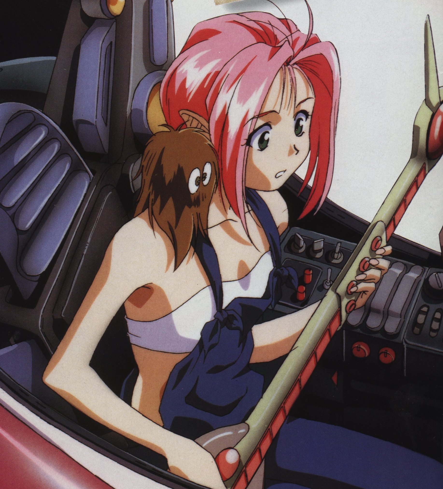 katsura ken'ichirou, guvava, mylene jenius, vf-11, vf-11 maxl, macross, macross 7, highres, 1990s (style), 1girl, ahoge, bare shoulders, cockpit, female focus, green eyes, overalls, pink hair, pointy ears, retro artstyle, science fiction, sitting, solo, strapless, tube top
