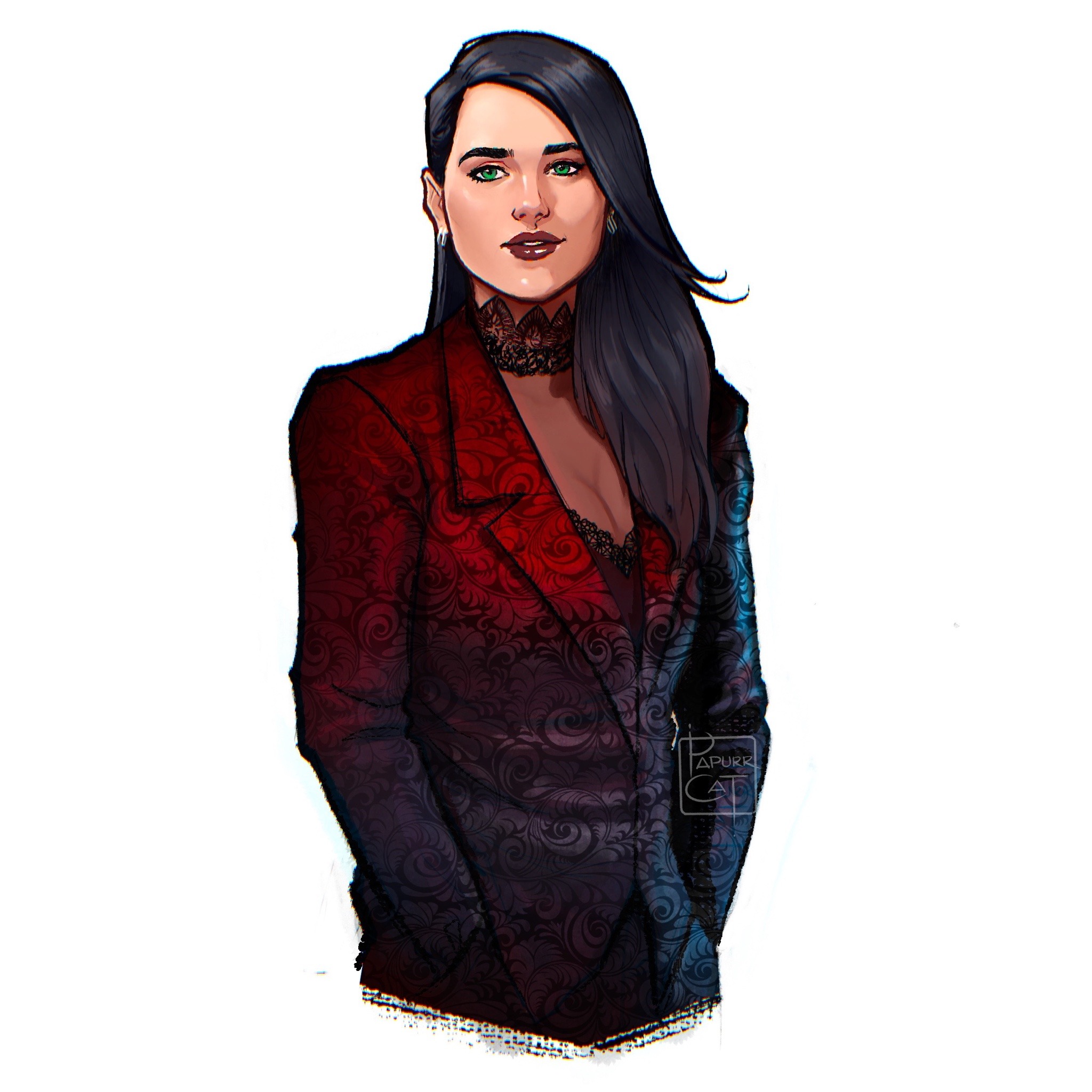 papurrcat, dc comics, highres, 1girl, artist name, black hair, green eyes, jacket, lena luthor, long hair, looking at viewer, red jacket, simple background, solo, upper body, white background