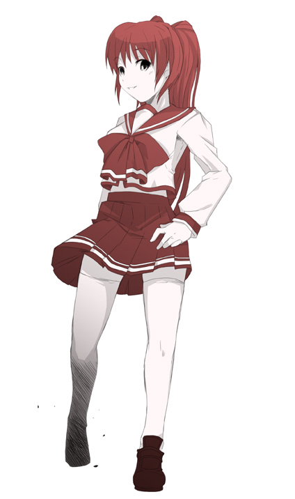 tsukiyo rei, kousaka tamaki, to heart (series), to heart 2, 00s, 1girl, bow, female focus, full body, hand on own hip, hip focus, long hair, midriff, monochrome, pleated skirt, red hair, school uniform, serafuku, shoes, simple background, skirt, smile, solo, standing, thighhighs, white thighhighs, zettai ryouiki