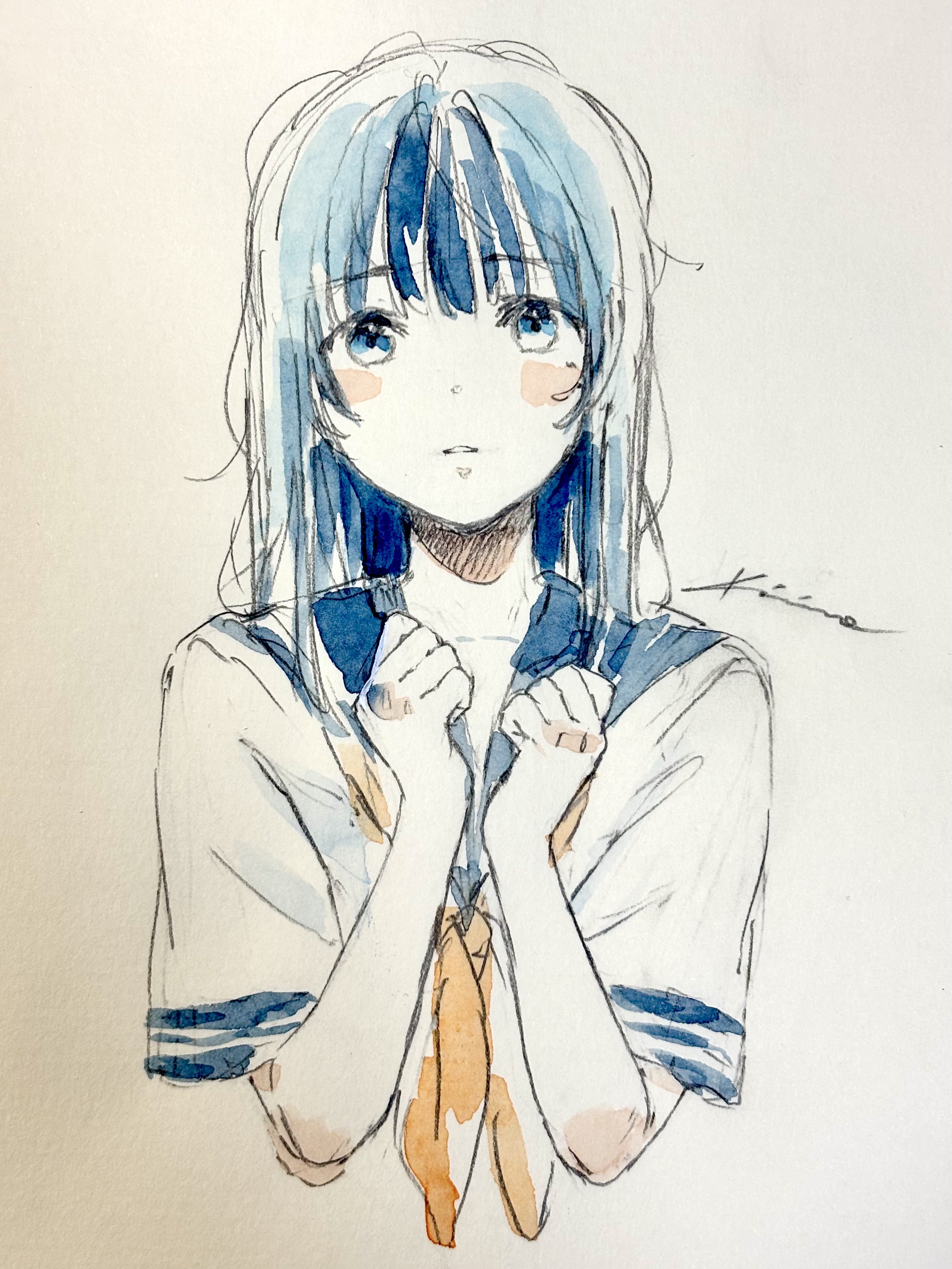 aose kiiro, original, absurdres, highres, painting (medium), traditional media, watercolor (medium), ascot, black hair, blue sailor collar, clenched hands, long hair, looking at viewer, sailor collar, shirt, short sleeves, straight-on, upper body, white background, white shirt