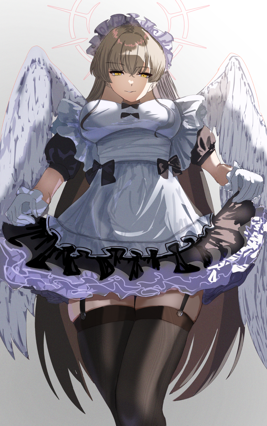 yutolapin, nagisa (blue archive), blue archive, highres, 1girl, alternate costume, apron, black dress, black garter straps, black thighhighs, blonde hair, breasts, crossed bangs, dress, feathered wings, garter straps, gloves, halo, large breasts, long hair, looking at viewer, maid, maid apron, maid headdress, parted lips, pink halo, short sleeves, sidelocks, skirt hold, smile, solo, thighhighs, white apron, white gloves, white wings, wings, yellow eyes