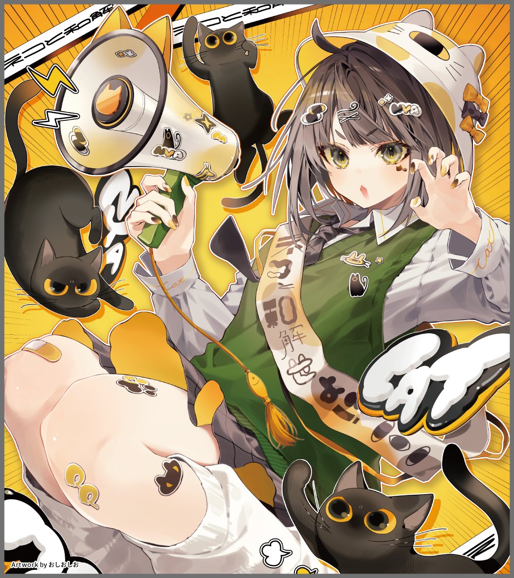 oshioshio, original, commentary request, second-party source, 1girl, :3, artist name, black necktie, black skirt, blush, breasts, brown hair, cat, collared shirt, green eyes, green sweater vest, hair ornament, hands up, helmet, holding, holding megaphone, long sleeves, looking at viewer, loose socks, megaphone, necktie, open mouth, shirt, short hair, skirt, small breasts, socks, solo, sweater vest, white shirt, white socks