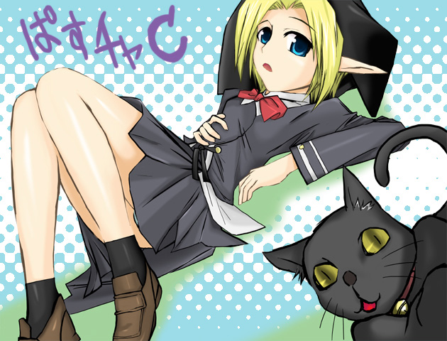 tsukiyo rei, lucy minseard, niisan, alice soft, pastel chime, pastel chime continue, translation request, 1girl, :3, :o, bell, black cat, blonde hair, blue eyes, blue panties, bow, cat, collar, dutch angle, flat chest, hat, jingle bell, legs, lying, neck bell, on back, open mouth, panties, pantyshot, pleated skirt, pointy ears, school uniform, serafuku, shoes, short hair, skirt, socks, underwear, yellow eyes