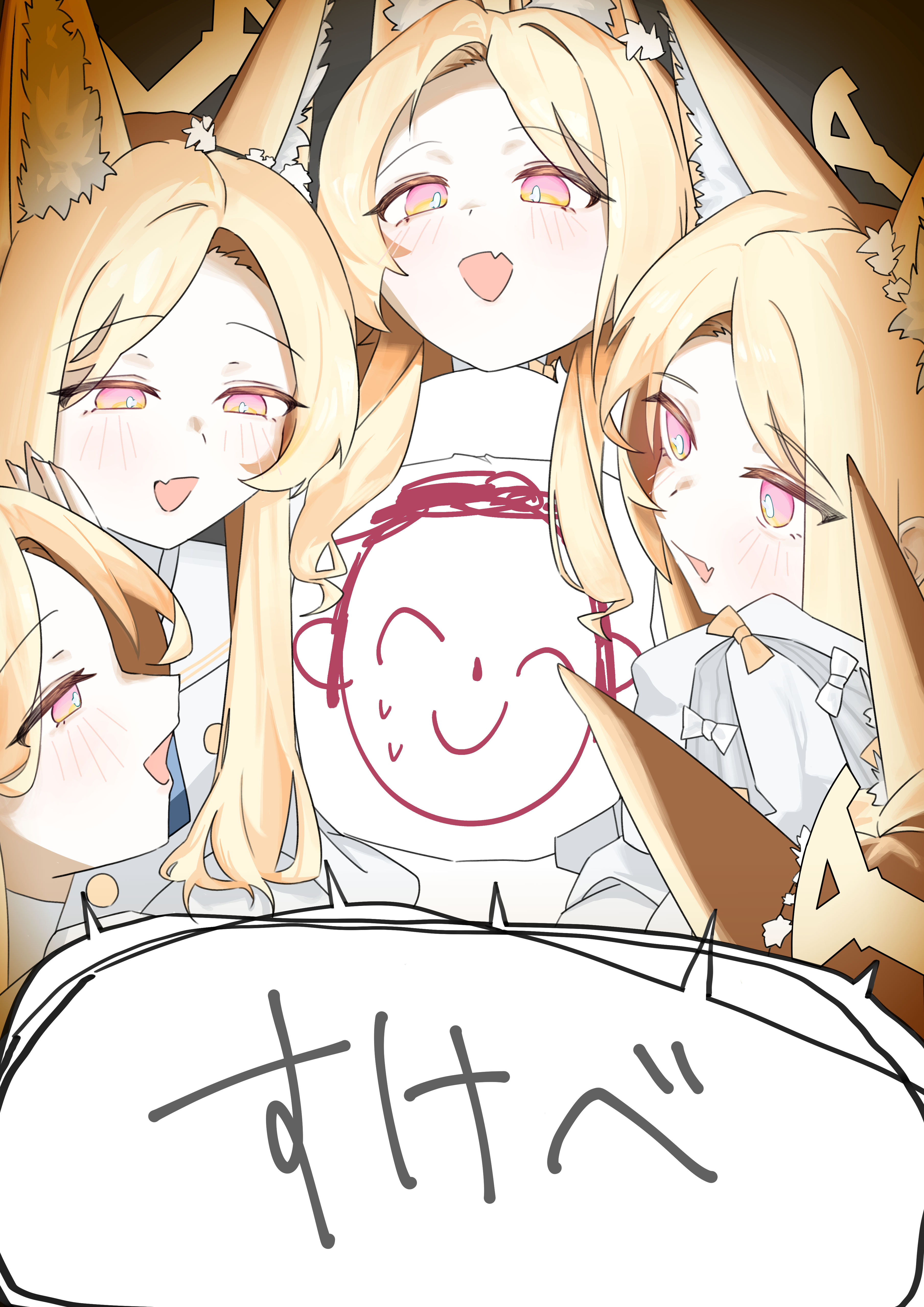 doodle sensei (blue archive), seia (blue archive), sensei (blue archive), blue archive, absurdres, commentary, highres, translated, 1boy, 5girls, animal ear fluff, animal ears, blonde hair, dress, fang, forehead, fox ears, fox girl, long hair, looking at another, multiple girls, open mouth, pink eyes, sidelocks, skin fang, white dress, white rectangle