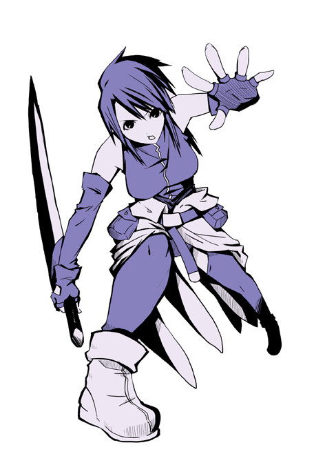 tsukiyo rei, rindou saya, alice soft, pastel chime, pastel chime -koi no skill up-, 1girl, angry, belt, belt pouch, boots, clothes around waist, elbow gloves, female focus, fighting stance, fingerless gloves, full body, gloves, monochrome, open mouth, pouch, short hair, simple background, sleeveless, solo, spread legs, sweater, sweater around waist, sword, thighhighs, weapon