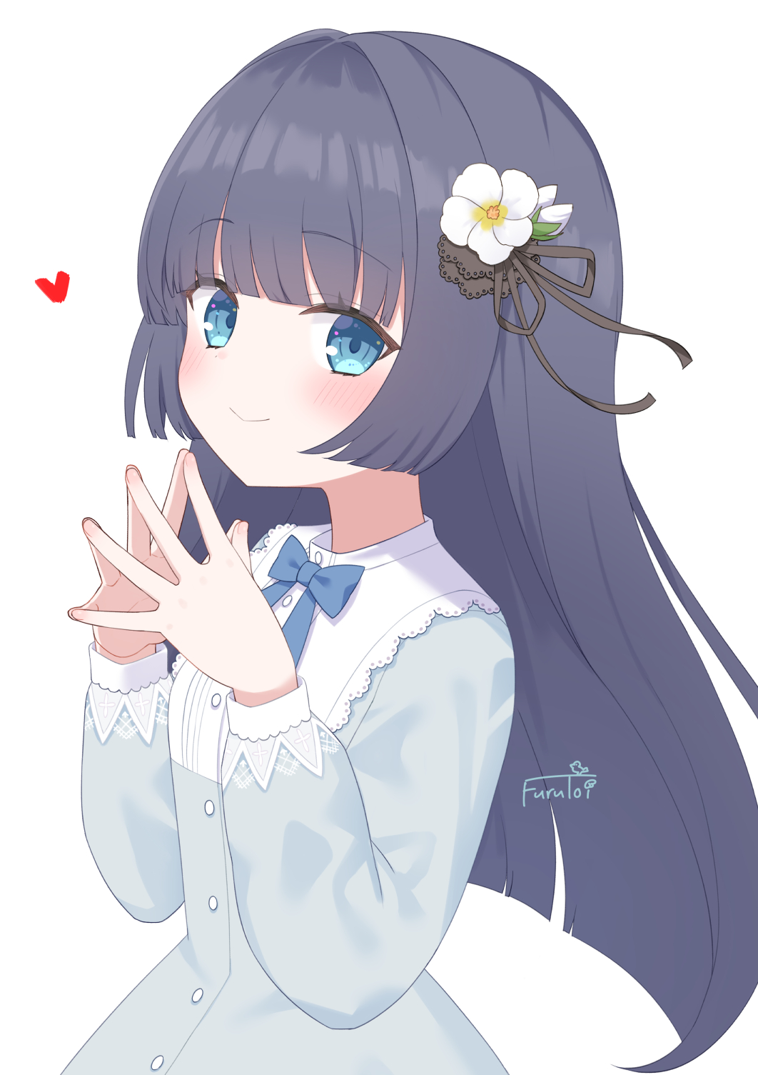furutori, original, highres, 1girl, black ribbon, blue bow, blue bowtie, blue eyes, blunt bangs, bow, bowtie, closed mouth, dress, flower, grey dress, hair flower, hair ornament, hair ribbon, heart, light blush, long hair, long sleeves, looking at viewer, own hands together, ribbon, sidelocks, signature, simple background, smile, solo, white background, white flower
