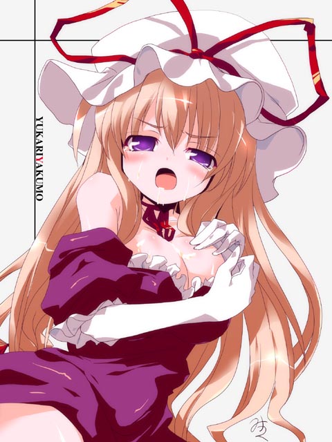 miuku (marine sapphire), yakumo yukari, touhou, 1girl, blonde hair, breasts, cum, cum on body, cum on breasts, cum on upper body, female focus, solo
