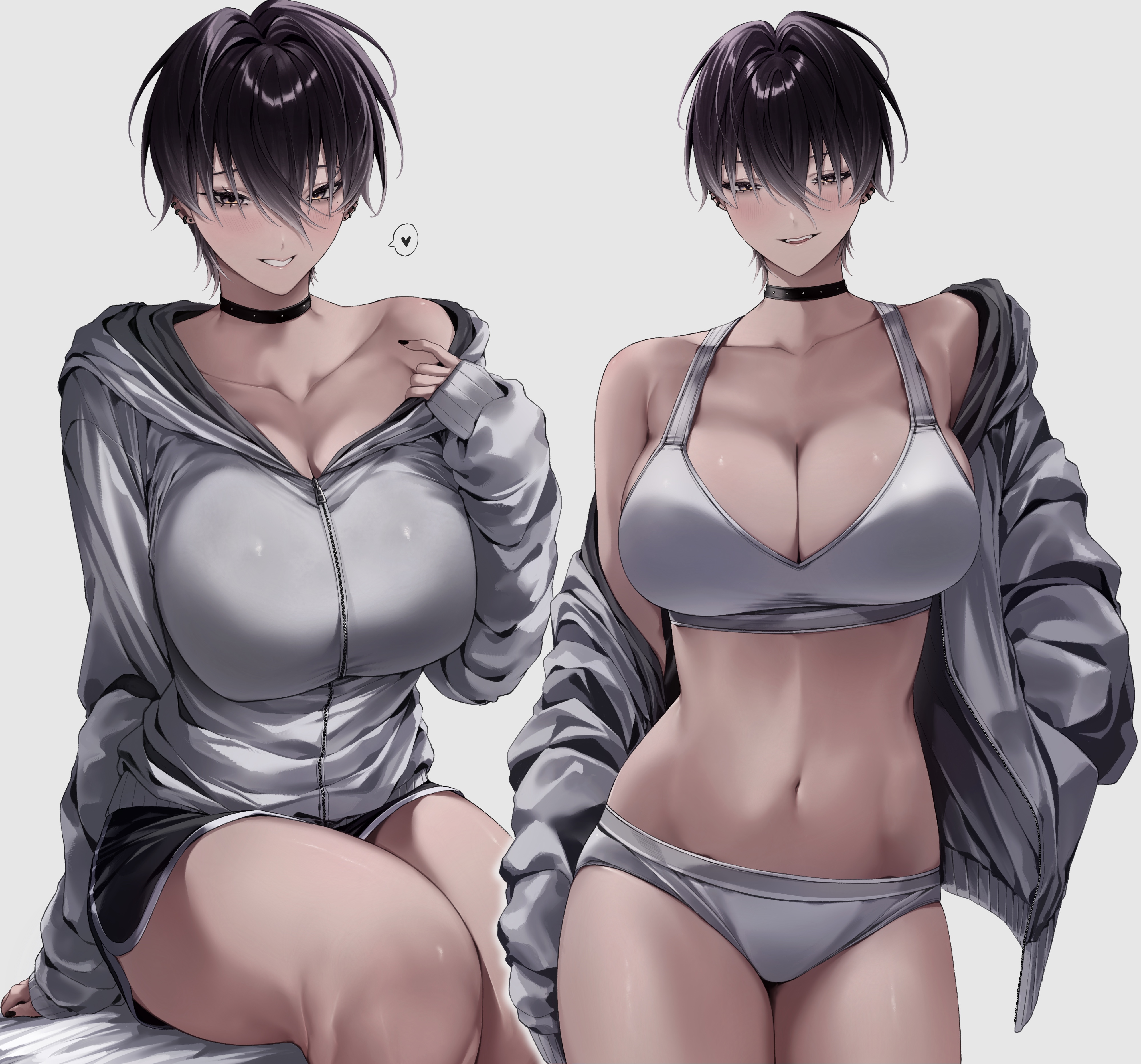 ulularts, original, absurdres, commentary, english commentary, highres, 1girl, black choker, black nails, black shorts, bra, breasts, brown eyes, brown hair, choker, cleavage, collarbone, dolphin shorts, grey bra, grey panties, hand in pocket, heart, hood, hooded jacket, jacket, large breasts, looking at viewer, mole, mole under eye, multiple views, open clothes, open jacket, open mouth, panties, short hair, shorts, simple background, single off shoulder, sitting, smile, solo, speech bubble, spoken heart, standing, tomboy, underwear, white background, white mouth