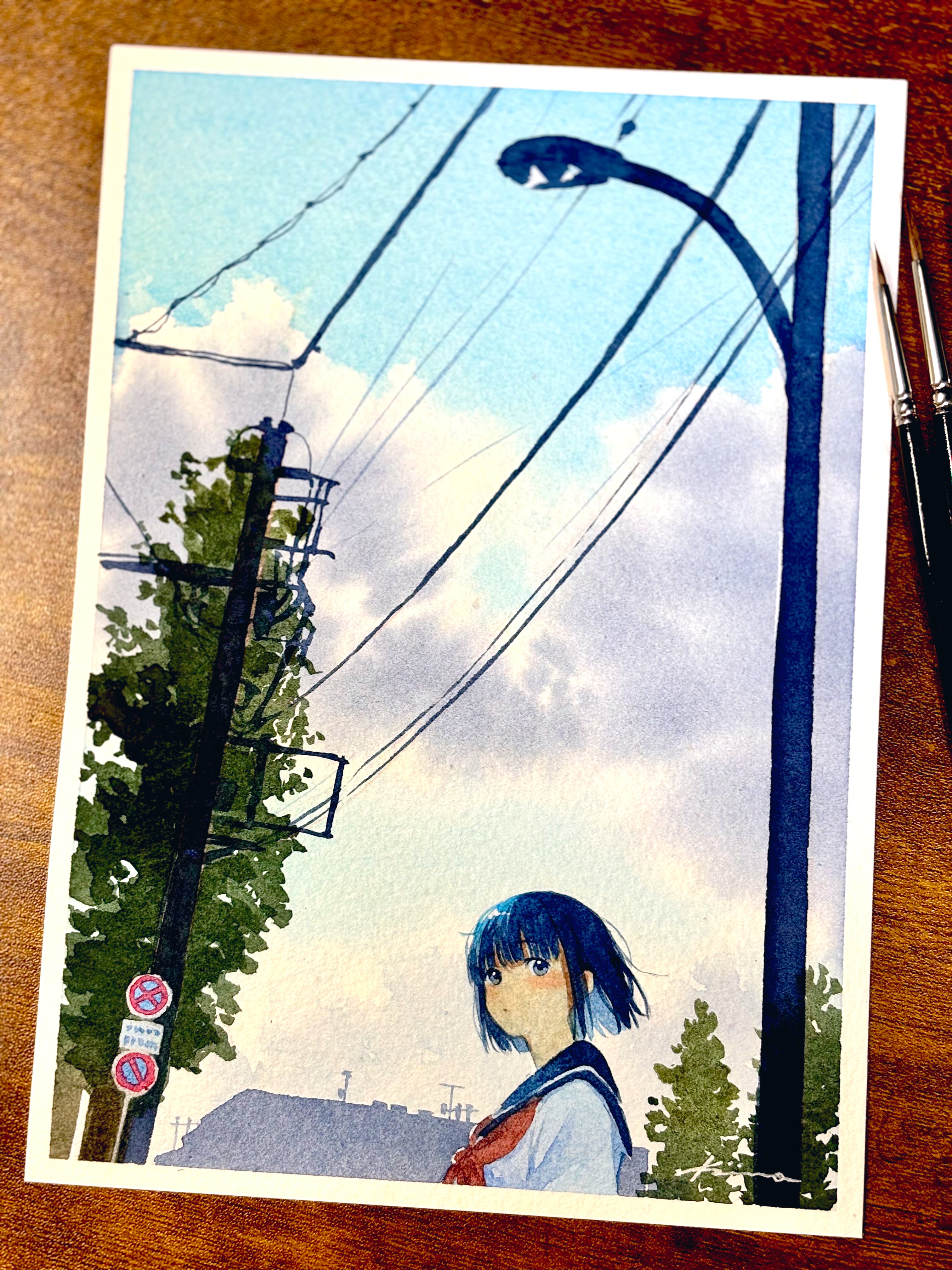 aose kiiro, original, absurdres, highres, painting (medium), photo (medium), traditional media, watercolor (medium), 1girl, art tools in frame, ascot, blue sailor collar, blue sky, cloud, day, lamppost, looking at viewer, outdoors, power lines, red ascot, road sign, sailor collar, school uniform, serafuku, shirt, short hair, sign, sky, solo, utility pole, white shirt