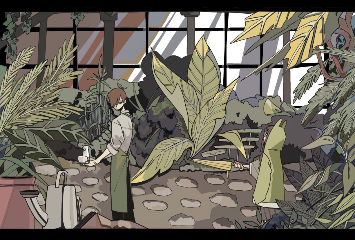 zombie high school, 1boy, 1girl, apron, bag, brown hair, candle, garden, gim geon-u, green apron, holding, hood, kimjhonsha22, leaf, long sleeves, pants, plant, shirt, short hair, standing, umbrella, white shirt, window, yu ru-mi