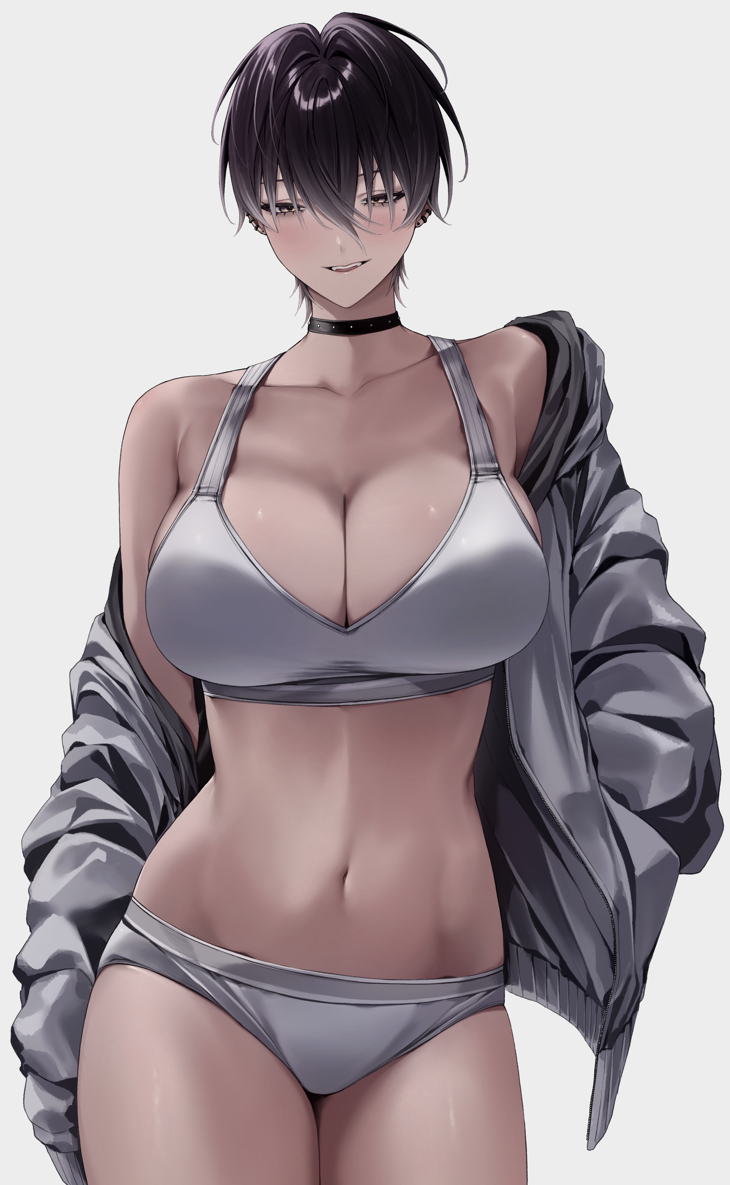 ulularts, original, absurdres, commentary, english commentary, highres, 1girl, black choker, blush, bra, breasts, brown eyes, brown hair, choker, cleavage, cowboy shot, grey bra, grey jacket, grey panties, hand in pocket, jacket, large breasts, looking at viewer, mole, mole under eye, navel, open clothes, open jacket, open mouth, panties, short hair, simple background, single off shoulder, smile, solo, teeth, underwear, upper teeth only, white background
