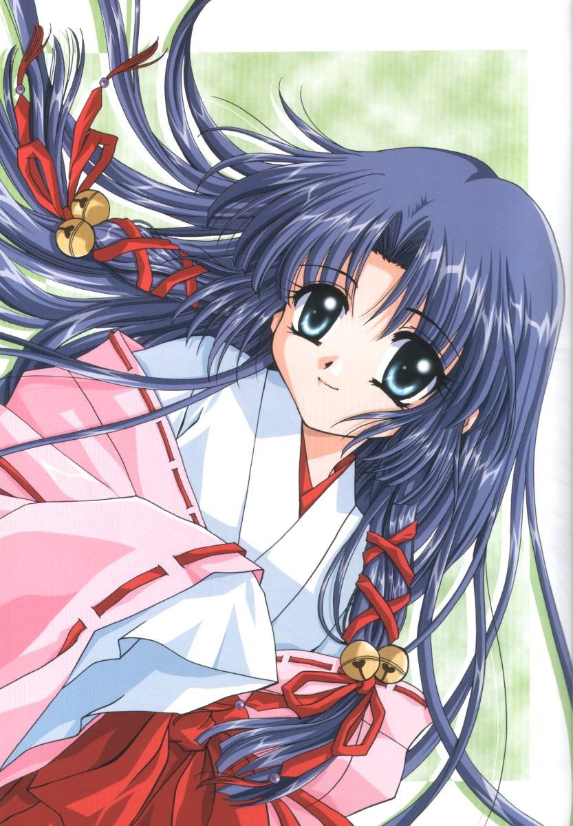 kannabi no mikoto, air (visual novel), highres, 00s, 1girl, bell, black hair, blunt bangs, braid, female focus, hakama, hakama skirt, happy, hime cut, japanese clothes, long hair, red hakama, skirt, smile, solo