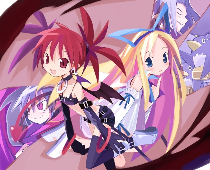 etna (disgaea), flonne, laharl, mid-boss, mid-boss (disgaea), prinny, disgaea, makai senki disgaea, 00s, 2boys, 2girls, bracelet, collar, earrings, elbow gloves, flat chest, gloves, jewelry, midboss, multiple boys, multiple girls, tail, thighhighs, twintails, wings