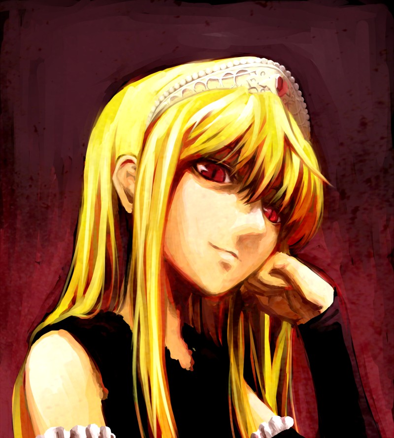 sankaku (pixiv5000), shiden, hime (kaibutsu oujo), kaibutsu oujo, bad id, bad pixiv id, 00s, 1girl, arm garter, arm support, bare shoulders, blonde hair, detached sleeves, dress, female focus, frills, gem, head rest, head tilt, long hair, long sleeves, looking at viewer, red eyes, sidelocks, sleeveless, sleeveless dress, solo, tiara, upper body, very long hair