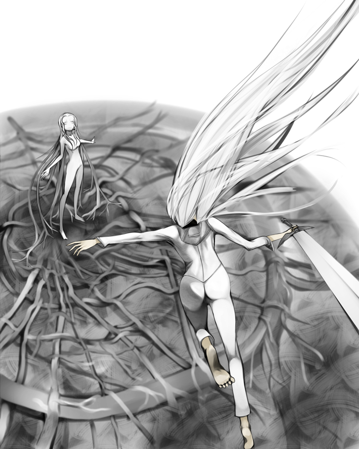 yama, agatha, miata, miata (claymore), claymore (series), 00s, 2girls, barefoot, claymore (sword), demon, feet, greyscale, long hair, monochrome, monster, multiple girls, sword, very long hair, weapon, white hair