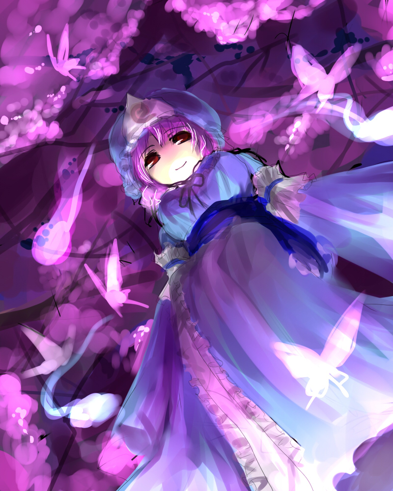 kobanzame, saigyouji yuyuko, touhou, bad id, bad pixiv id, 1girl, female focus, from below, hat, japanese clothes, solo