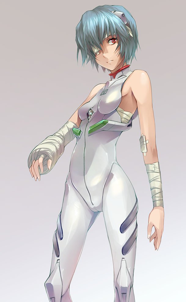 asaki takayuki, ayanami rei, neon genesis evangelion, bad id, bad pixiv id, bandage over one eye, bandages, blue hair, eyepatch, long legs, mecha pilot suit, plugsuit (evangelion), red eyes, short hair, solo