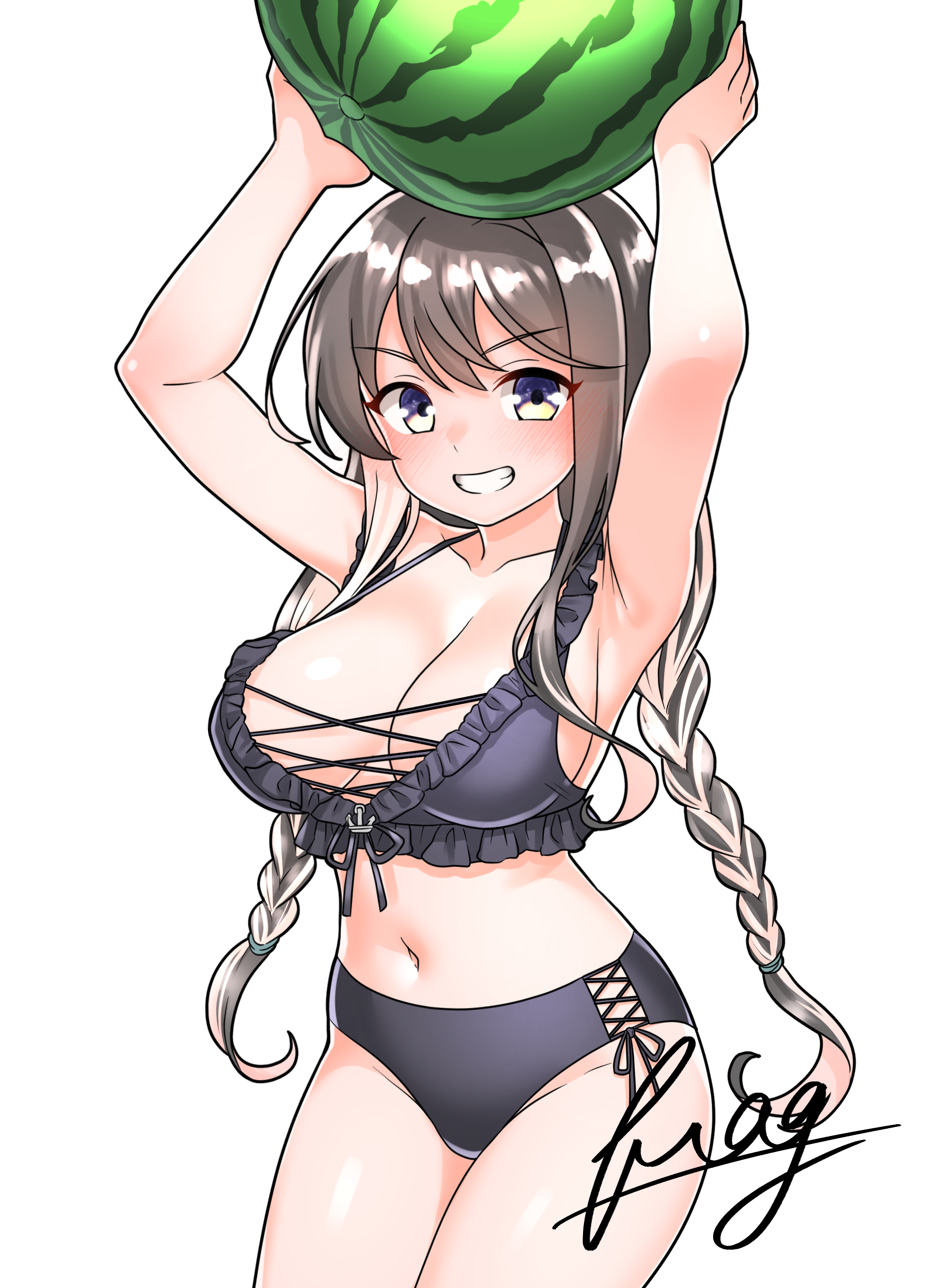 furaggu (frag 0416), naganami (kancolle), naganami kai ni (kancolle), kantai collection, absurdres, highres, 1girl, bikini, black bikini, black hair, braid, breasts, food, frilled bikini, frills, fruit, holding, holding food, holding fruit, large breasts, low twin braids, multicolored hair, naganami kai ni (swimsuit) (kancolle), navel, official alternate costume, official alternate hairstyle, pink hair, smile, solo, swimsuit, twin braids, two-tone hair, watermelon, wavy hair