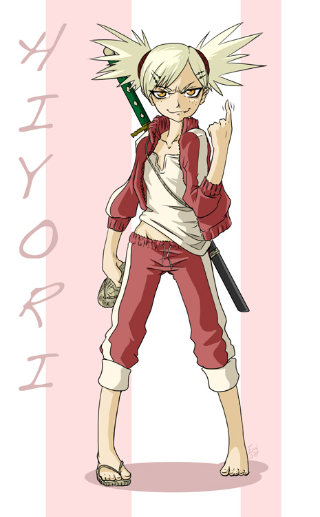 hushabye, sarugaki hiyori, bleach, 00s, angry, blonde hair, flip-flops, freckles, sandals, sword, track suit, twintails, weapon, yellow eyes