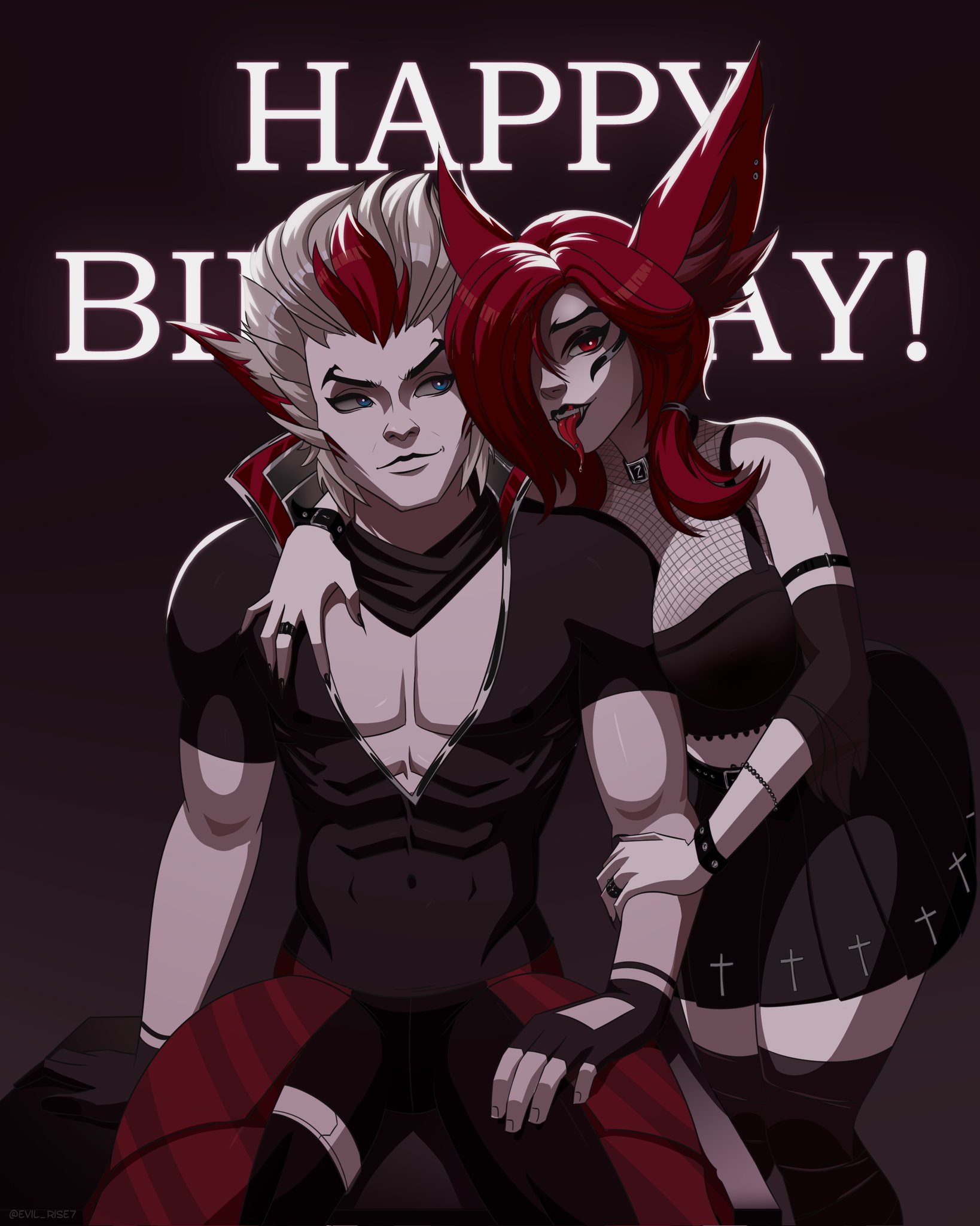 evil rise7, rakan (league of legends), xayah, highres, goth fashion, long tongue, red eyes, red hair, tongue
