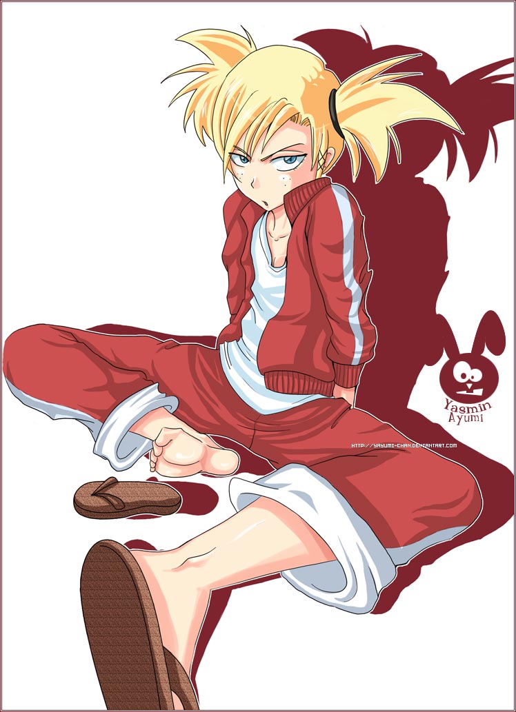 yasmin ayumi, sarugaki hiyori, bleach, 00s, angry, barefoot, blonde hair, blue eyes, fang, feet, flat chest, flip-flops, sandals, soles, sword, track suit, twintails, weapon, yellow eyes