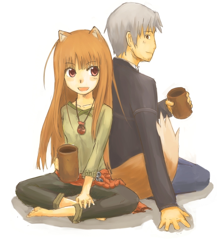 cocotetu, kokotetsu, craft lawrence, holo, spice and wolf, silver hair, 00s, animal ears, barefoot, brown eyes, brown hair, cup, long hair, mug, red eyes, tail, wolf ears, wolf tail
