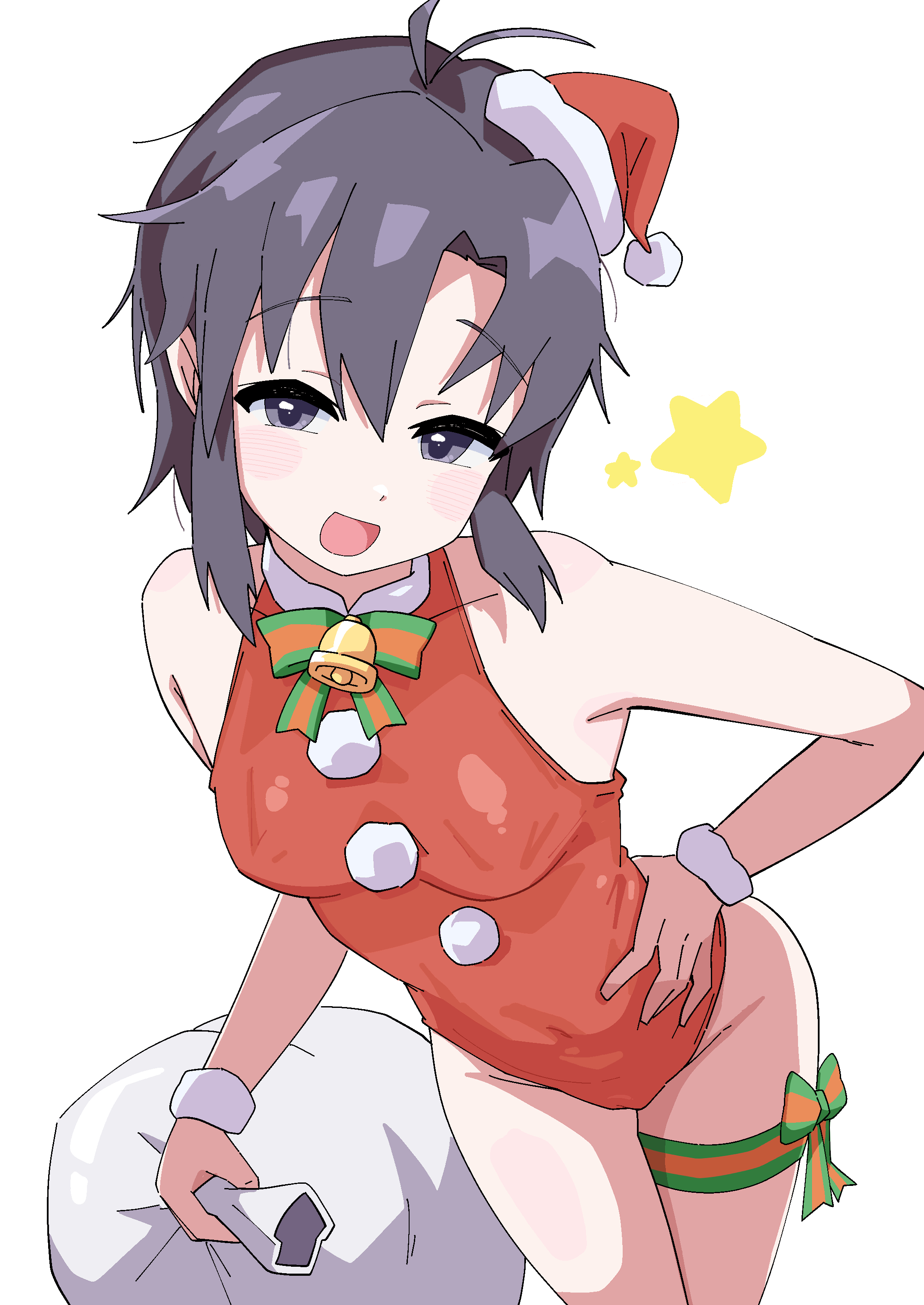 ohgi910, kikuchi makoto, idolmaster, idolmaster (classic), idolmaster million live!, idolmaster million live! theater days, absurdres, highres, 1girl, :d, antenna hair, armpits, bare shoulders, bell, black eyes, black hair, blush, breasts, collarbone, covered navel, cowboy shot, dot nose, forehead, hand on own hip, hat, holding, holding sack, leg ribbon, leotard, looking at viewer, neck bell, neck ribbon, open mouth, parted bangs, red hat, red leotard, ribbon, sack, santa costume, santa hat, short hair, sidelocks, small breasts, smile, thigh ribbon, tilted headwear