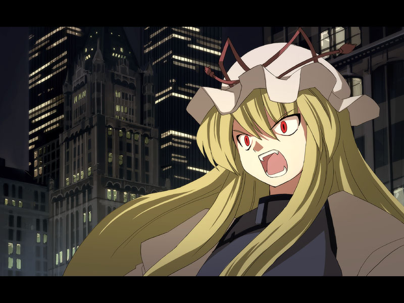 seo tatsuya, yakumo yukari, touhou, 1girl, angry, blonde hair, city, contemporary, fangs, female focus, hat, letterboxed, long hair, open mouth, outdoors, red eyes, ribbon, sky, solo, upper body