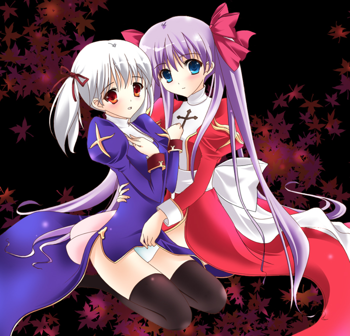 tsukiji, high priest (ragnarok online), priest (ragnarok online), ragnarok online, 2girls, clothes lift, multiple girls, panties, pantyshot, priest, priestess, skirt, skirt lift, thighhighs, underwear