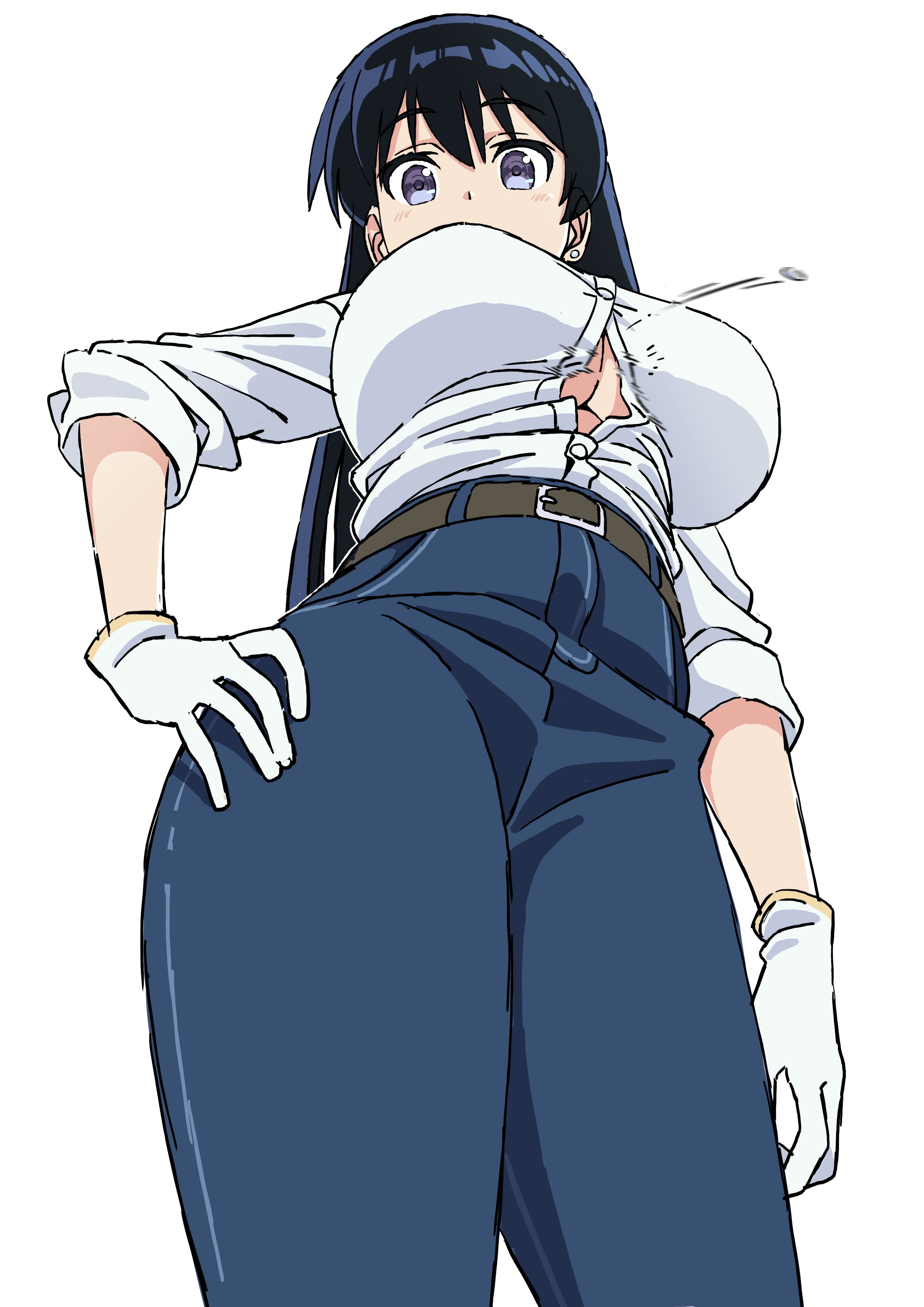 mugi0913, arato nagi, ruri no houseki, absurdres, highres, 1girl, belt, black hair, blue eyes, breasts, bursting breasts, button gap, cleavage, denim, earrings, flying button, from below, gloves, jeans, jewelry, large breasts, long hair, looking at viewer, pants, popped button, shirt, simple background, solo, stud earrings, wardrobe malfunction, white background, white gloves, white shirt