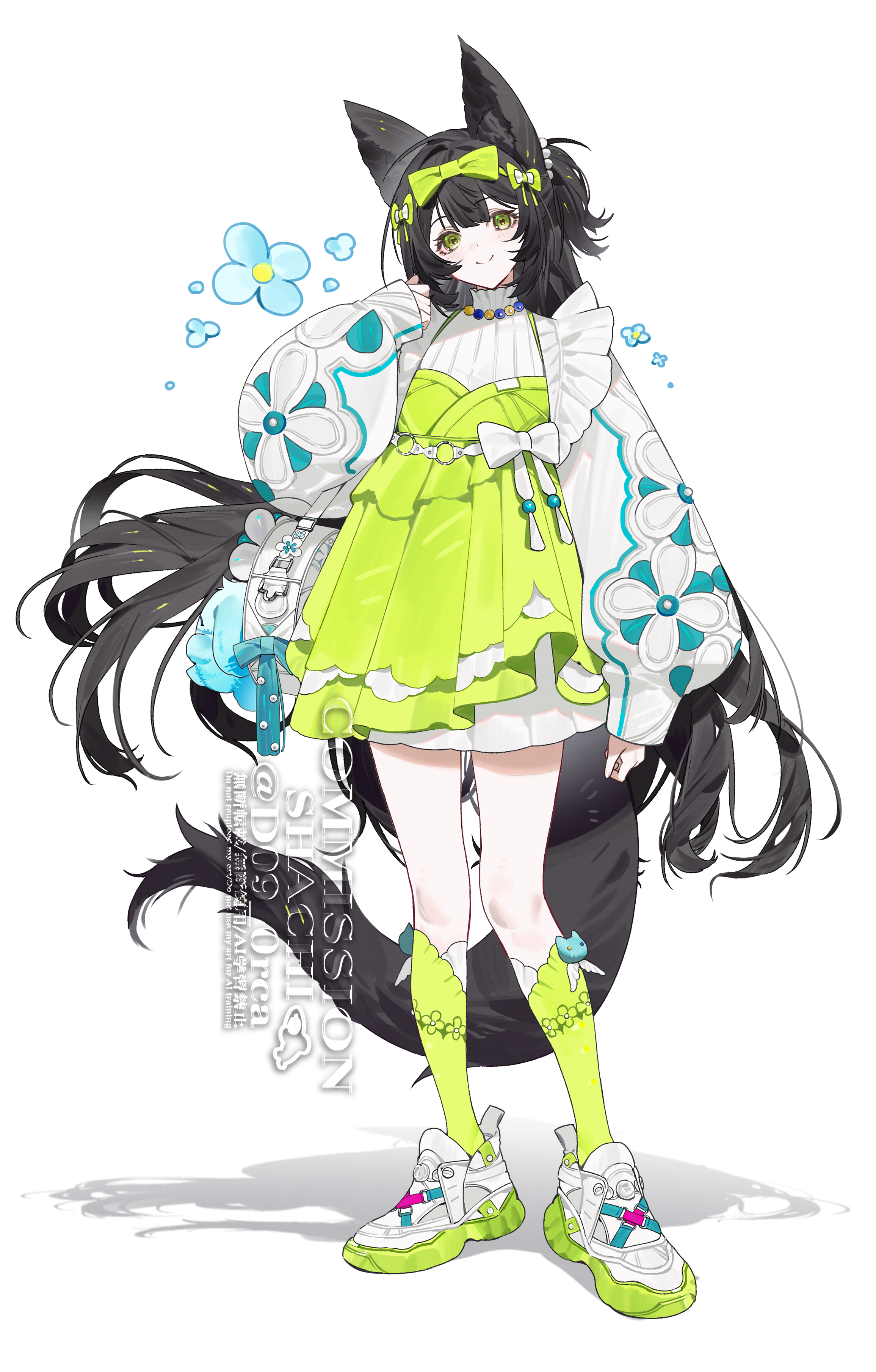 shachi (d09 0rca), original, absurdres, highres, 1girl, animal ear fluff, animal ears, black hair, bow, closed mouth, dress, flower, fox ears, fox tail, frills, full body, green bow, green dress, green eyes, green socks, hair bow, hand up, head tilt, kneehighs, long hair, long sleeves, looking at viewer, puffy long sleeves, puffy sleeves, sample watermark, shadow, shoes, simple background, sleeves past wrists, smile, sneakers, socks, solo, standing, tail, very long hair, watermark, white background, yellow socks