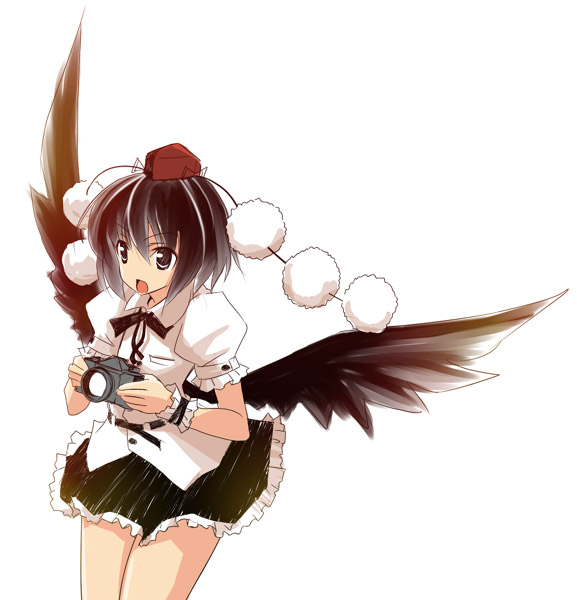 hermmy, shameimaru aya, touhou, 1girl, :d, bare legs, belt, black skirt, black wings, camera, female focus, hat, looking at viewer, open mouth, pom pom (clothes), puffy short sleeves, puffy sleeves, shirt, short sleeves, simple background, skirt, smile, solo, standing, thighs, tokin hat, white background, white shirt, wings