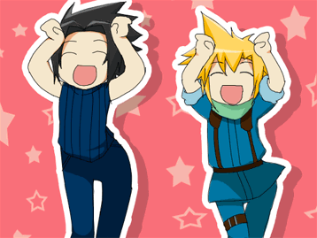 meru, cloud strife, zack fair, crisis core final fantasy vii, final fantasy, final fantasy vii, animated, animated gif, lowres, 1990s (style), 2boys, caramelldansen, male focus, multiple boys