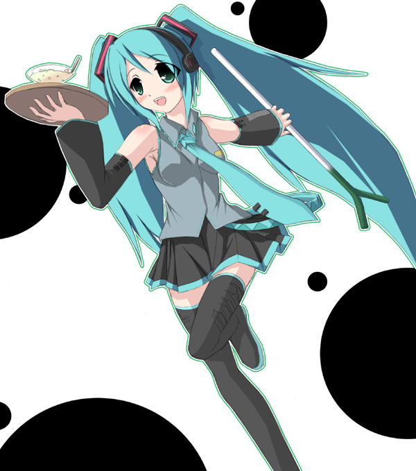 eikichi (artist), eikichi (mujirushi shounen), hatsune miku, vocaloid, 1girl, aqua hair, aqua necktie, blush, detached sleeves, female focus, long hair, necktie, skirt, solo, spring onion, thighhighs, twintails, zettai ryouiki