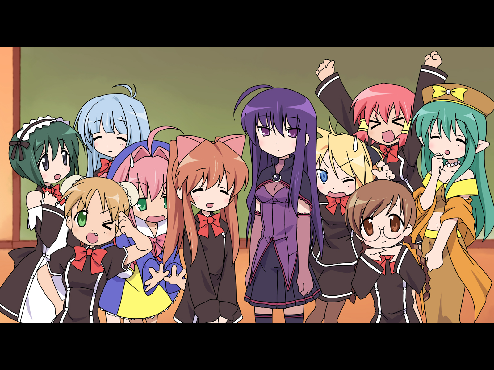 sakura misaki (artist), sakura misaki (sakura densetsu), aloe, aloe (quiz magic academy), clala, hiiragi kagami, hiiragi tsukasa, iwasaki minami, izumi konata, kobayakawa yutaka, kusakabe misao, lydia (quiz magic academy), malariya, marron (quiz magic academy), minegishi ayano, patricia martin, riel, ruquia, satsuki (quiz magic academy), shalon, takara miyuki, tamura hiyori, yang yang, lucky star, motteke! serafuku, quiz magic academy, highres, > <, 6+girls, closed eyes, everyone, letterboxed, multiple girls, pantyhose, parody, thighhighs