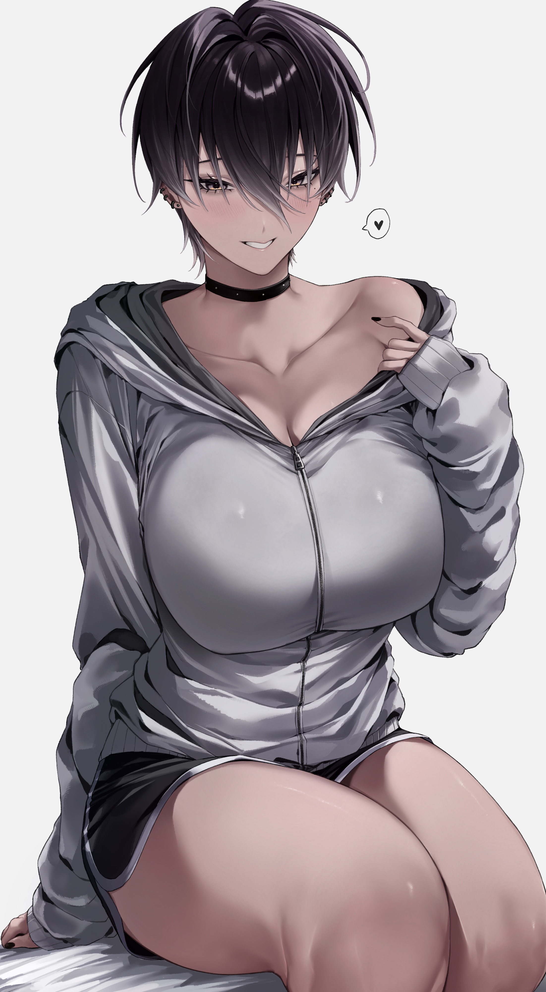 ulularts, original, absurdres, commentary, english commentary, highres, 1girl, black choker, black nails, black shorts, breasts, brown eyes, brown hair, choker, collarbone, dolphin shorts, heart, hood, hooded jacket, jacket, large breasts, mole, mole under eye, short hair, shorts, simple background, sitting, solo, speech bubble, spoken heart, tomboy, white background