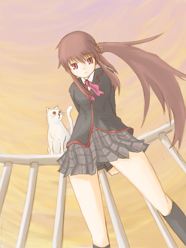 cocotetu, kokotetsu, natsume rin, little busters!, 1girl, black socks, blazer, bow, bowtie, brown eyes, brown hair, cat, female focus, from below, jacket, kneehighs, long sleeves, looking at viewer, outdoors, pink bow, railing, red bow, red bowtie, red eyes, school uniform, serafuku, socks, solo, standing, upskirt