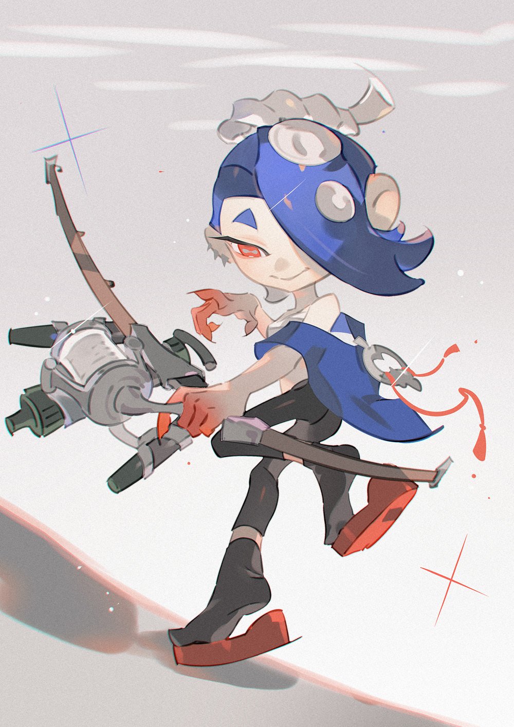 towo nita, shiver (splatoon), nintendo, splatoon (series), splatoon 3, highres, 1girl, bare arms, bare shoulders, black leggings, blue hair, blue shawl, bow (weapon), breasts, cephalopod eyes, chest sarashi, closed mouth, colored extremities, fingernails, full body, hair over one eye, holding, holding bow (weapon), holding weapon, horizontal pupils, leggings, midriff, octoling, okobo, one eye covered, platform sandals, red eyes, sandals, sarashi, sharp fingernails, shawl, short hair, small breasts, smile, solo, standing, standing on one leg, tentacle hair, tri-stringer (splatoon), weapon
