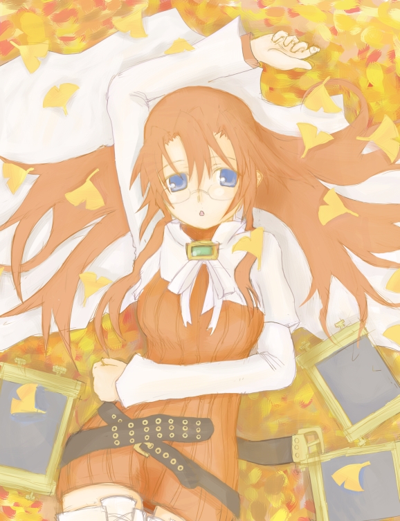 cocotetu, kokotetsu, aty, aty (summon night), summon night, summon night 3, 1girl, belt, belt skirt, belted skirt, blue eyes, brooch, cape, dress, female focus, glasses, jewelry, leaf, long hair, lying, miniskirt, on back, red hair, skirt, solo, thighhighs, white thighhighs, zettai ryouiki