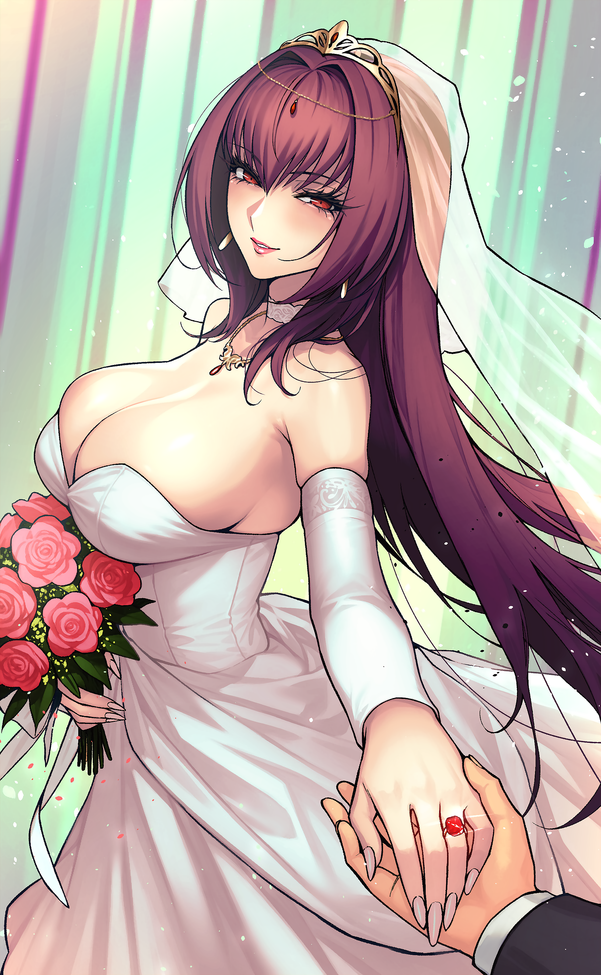 dynamitenatalia, scathach (fate), fate/grand order, fate (series), absurdres, highres, revision, 1boy, 1girl, bare shoulders, blush, bouquet, breasts, bridal veil, choker, cleavage, detached sleeves, dress, earrings, flower, holding hands, jewelry, large breasts, long hair, looking at viewer, necklace, purple hair, red eyes, ring, smile, solo focus, tiara, veil, wedding dress, white dress