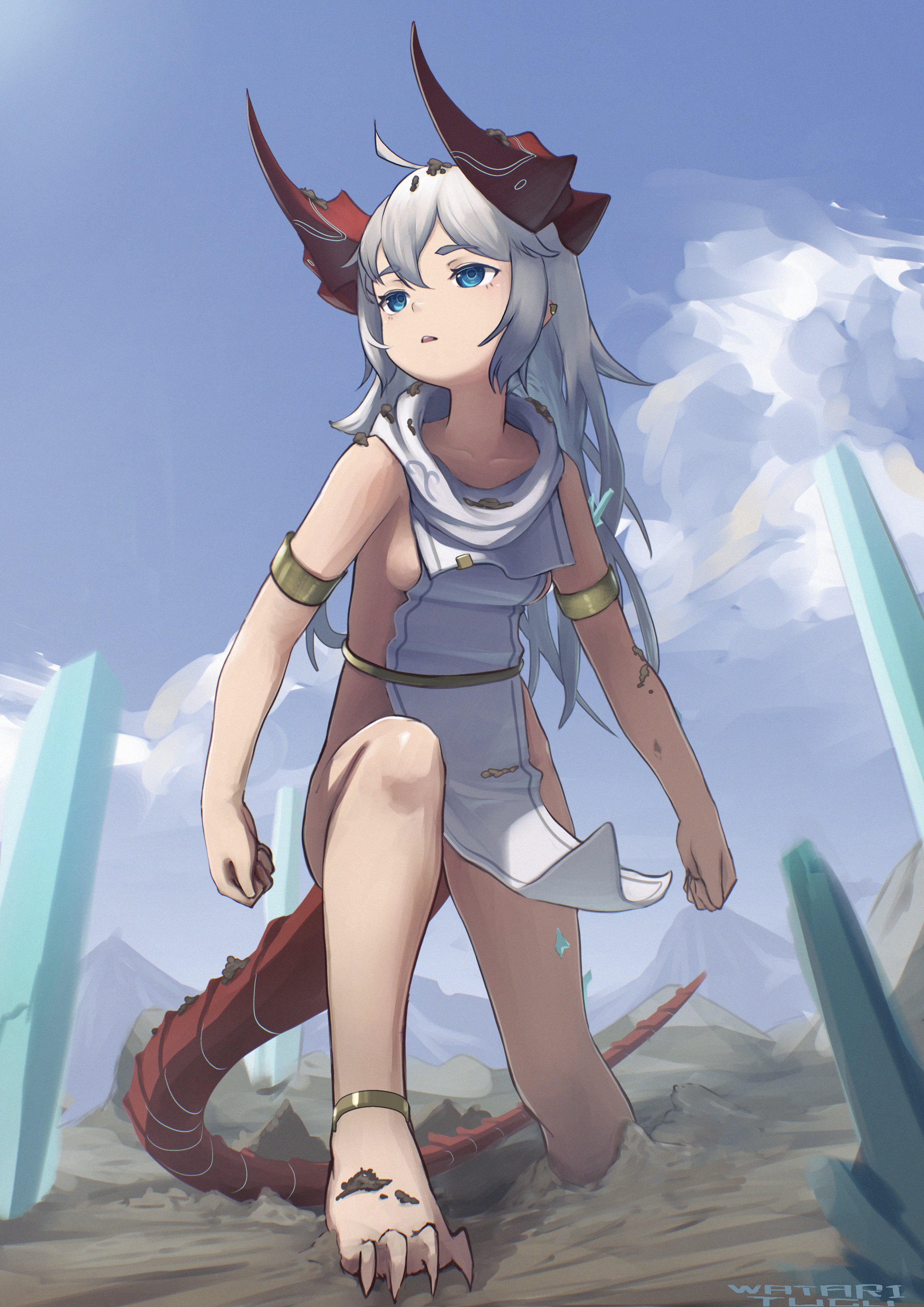 akemiya genma, original, absurdres, highres, 1girl, ahoge, armlet, blue eyes, cloud, cloudy sky, day, dragon girl, dragon horns, dragon tail, horns, jewelry, kneeling, long hair, looking to the side, naked tabard, outdoors, sky, solo, tabard, tail, thighlet, white hair, white tabard