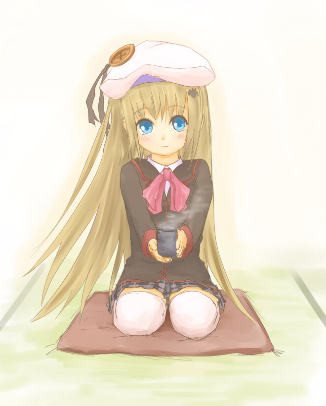 cocotetu, kokotetsu, noumi kudryavka, little busters!, 1girl, blonde hair, blue eyes, bow, buttons, cup, female focus, hat, large buttons, long hair, pink bow, school uniform, serafuku, solo, thighhighs, very long hair