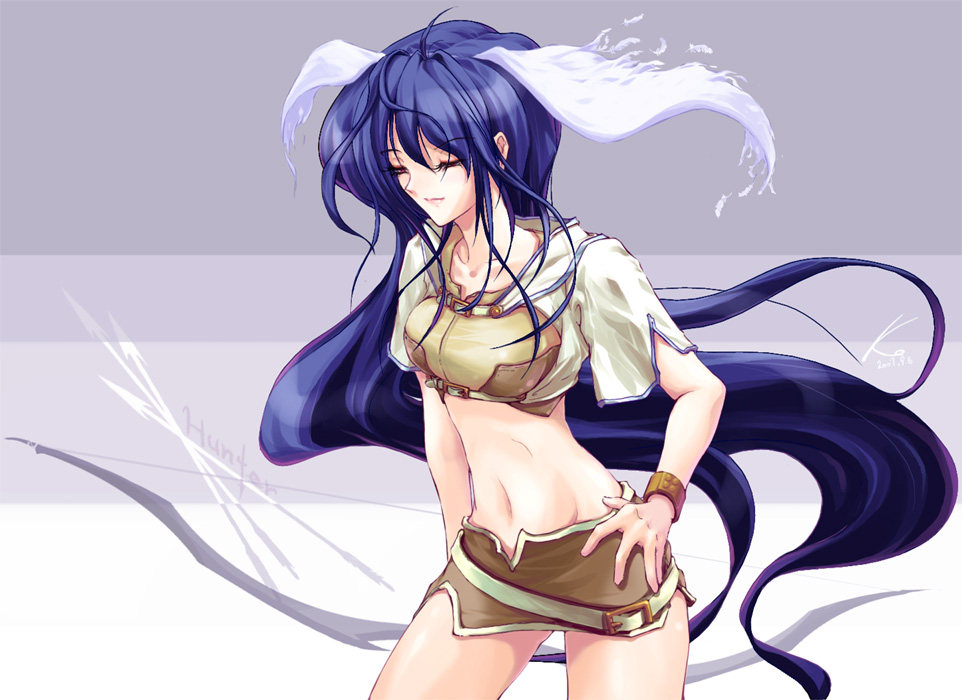 tsujimura kasumi, hunter (ragnarok online), ragnarok online, blue hair, bow (weapon), head wings, hunter, long hair, midriff, skirt, solo, weapon, wings