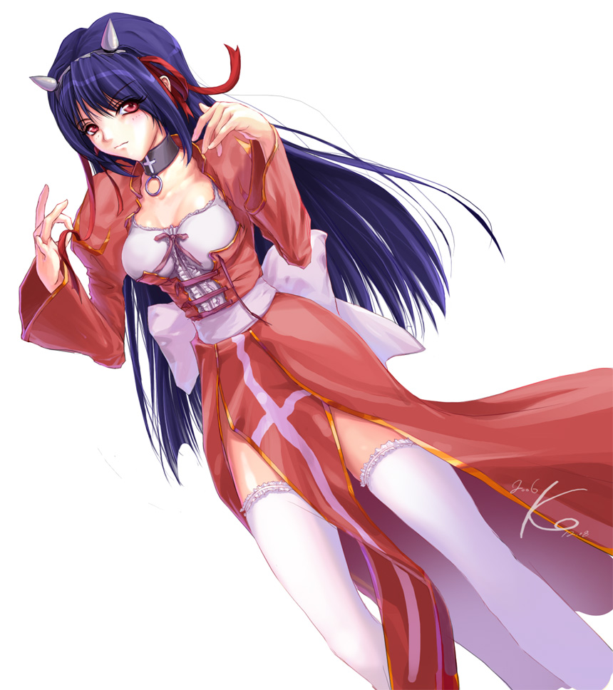 tsujimura kasumi, high priest (ragnarok online), ragnarok online, 1girl, blue hair, choker, collar, dutch angle, female focus, frills, hairband, high priestess, horns, long hair, red eyes, ribbon, simple background, solo, thighhighs