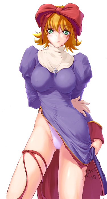 tsujimura kasumi, ragnarok online, blonde hair, clothes lift, green eyes, hair ribbon, panties, priestess, ribbon, short hair, skirt, skirt lift, underwear