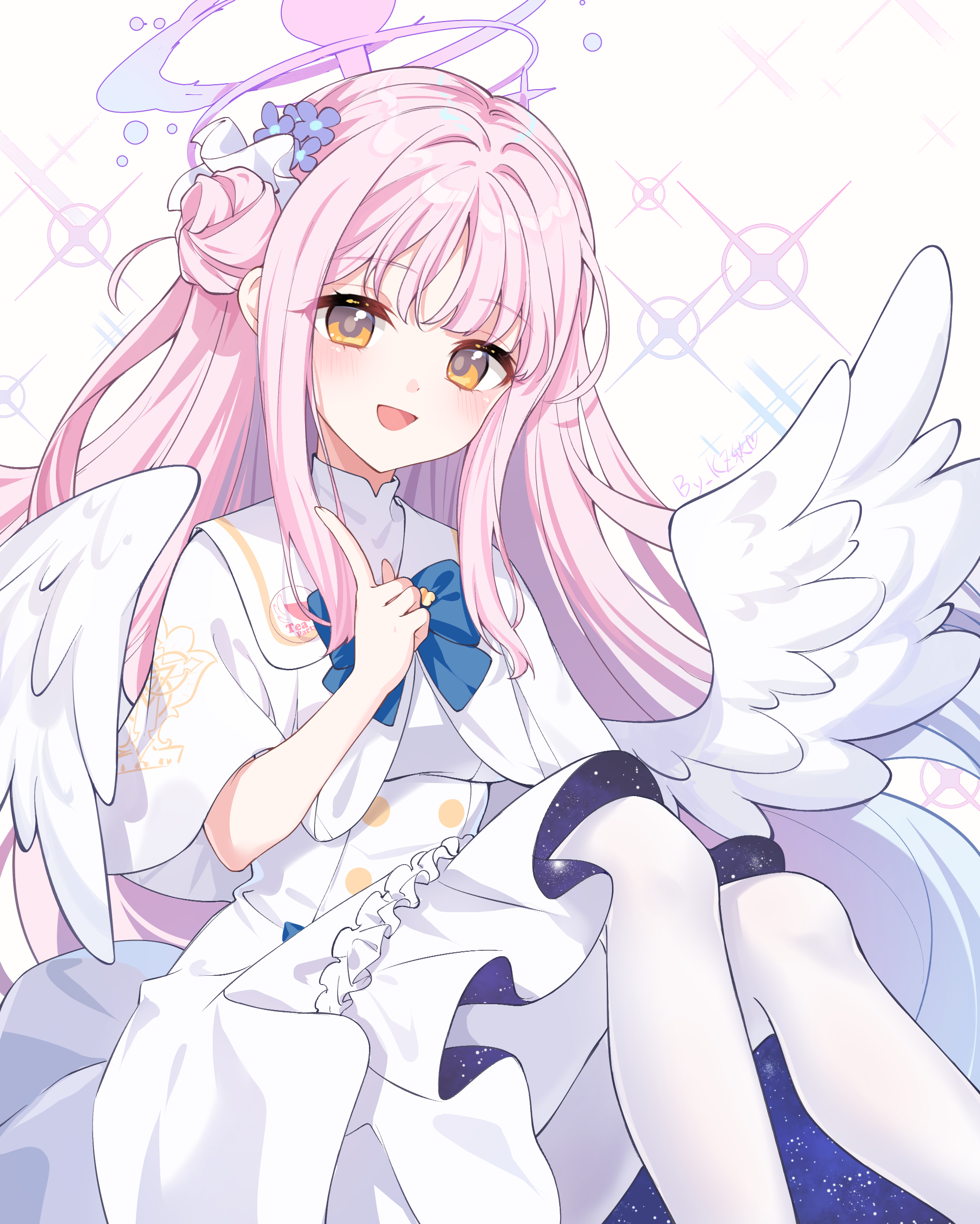 rl ka qui, mika (blue archive), blue archive, absurdres, chinese commentary, commentary request, highres, 1girl, angel wings, blue bow, blush, bow, breasts, brown eyes, buttons, capelet, double-breasted, dress, feathered wings, flower, frilled skirt, frills, hair bun, hair flower, hair ornament, halo, index finger raised, long hair, looking at viewer, low wings, medium breasts, multicolored eyes, open mouth, pantyhose, pink hair, pink halo, single hair bun, single side bun, skirt, smile, solo, two-tone eyes, very long hair, white capelet, white dress, white pantyhose, white wings, wing ornament, wings, yellow eyes